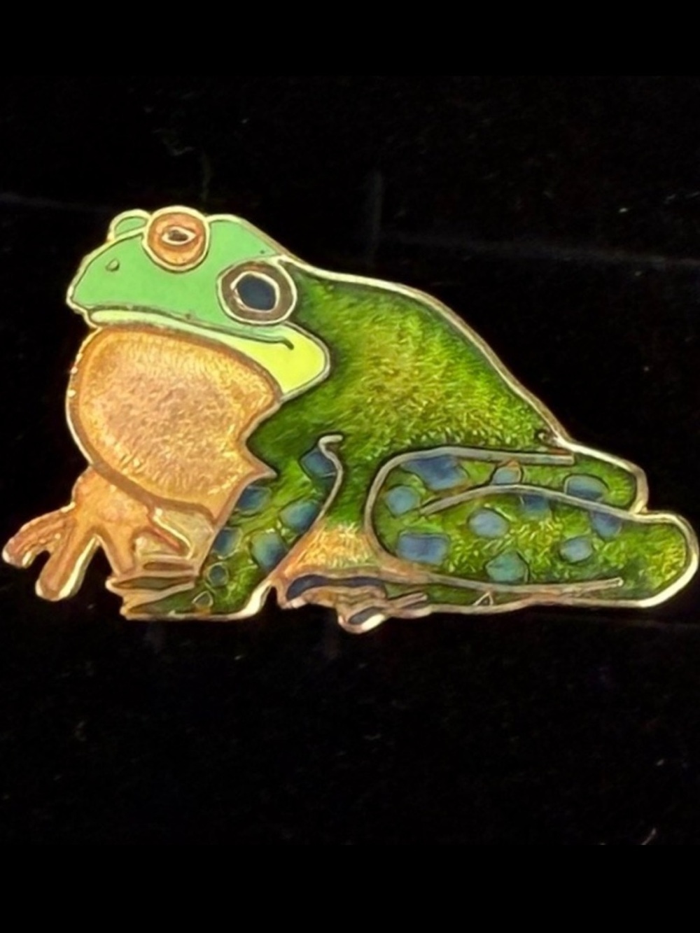 Vintage 1996 Goldtone green cloisonné Handmade Frog Brooch pin